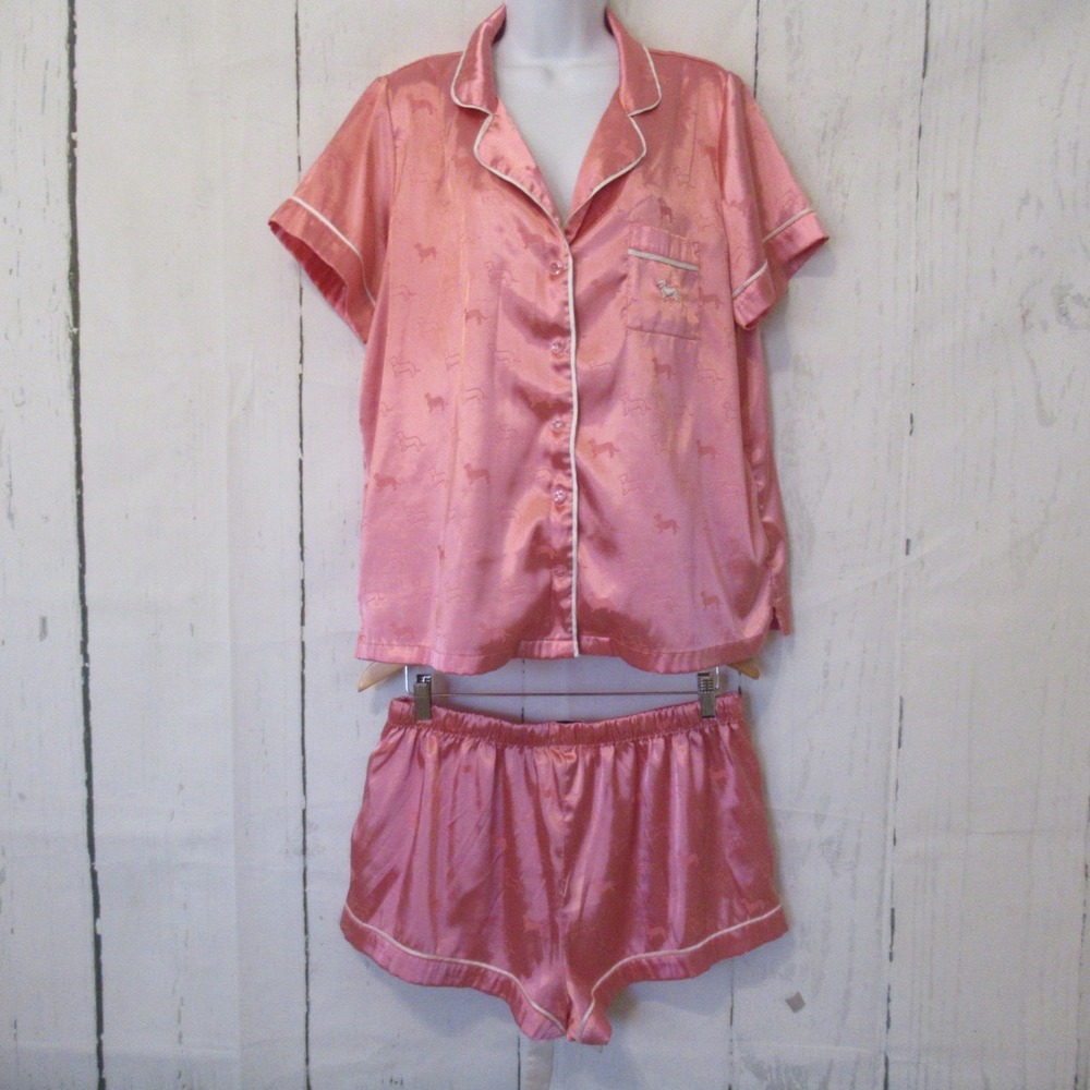 Peter Alexander Pajamas Set M L Dachshund Pink Satin Luxe Tux Shorts Top